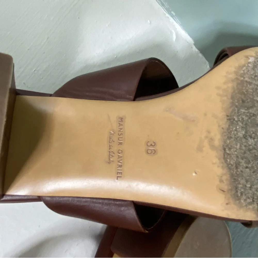 Mansur Gavriel Brown Leather Block Chunky Heeled Mules Sandals Heels Size 36/6
